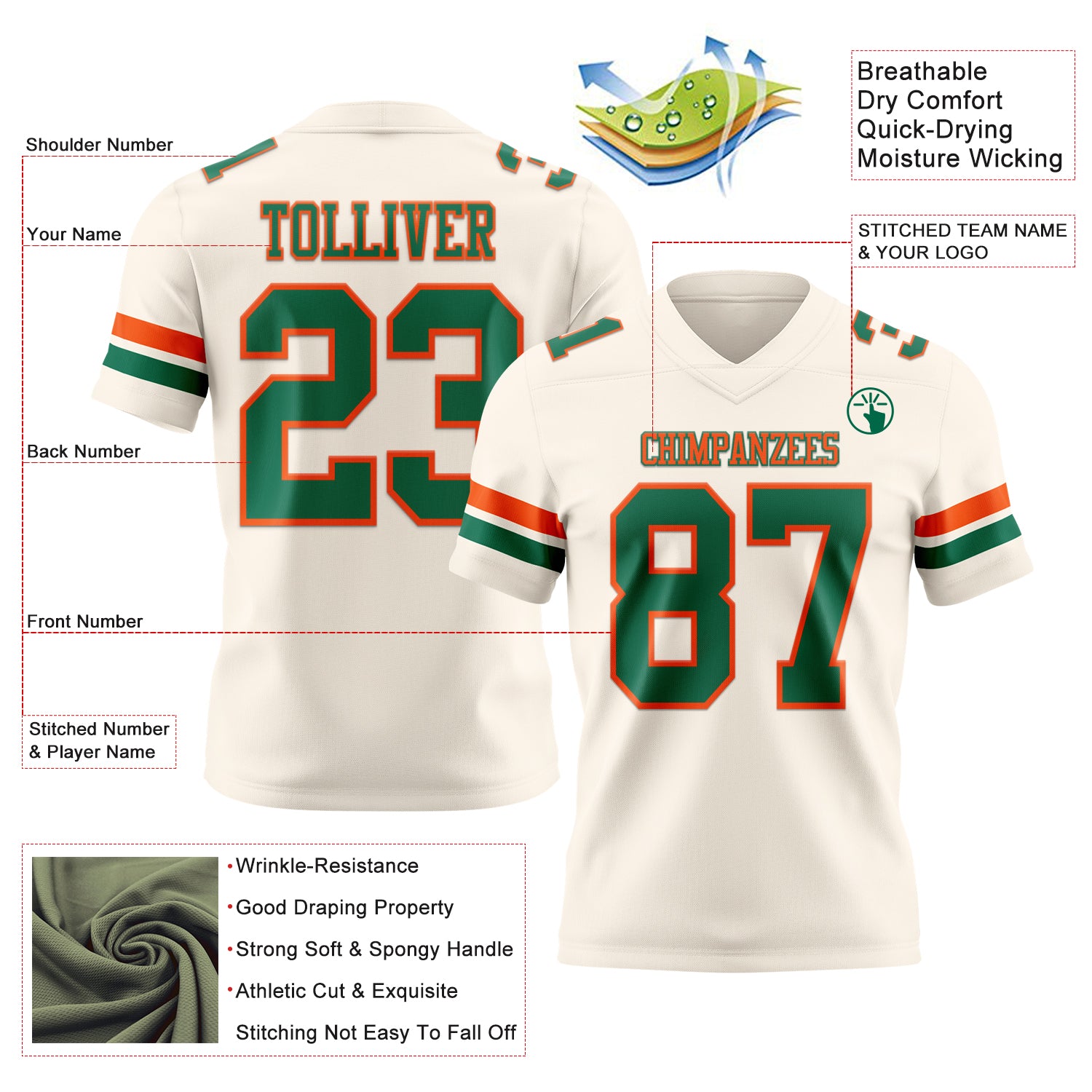 Custom Cream Kelly Green-Orange Authentic Football Jersey