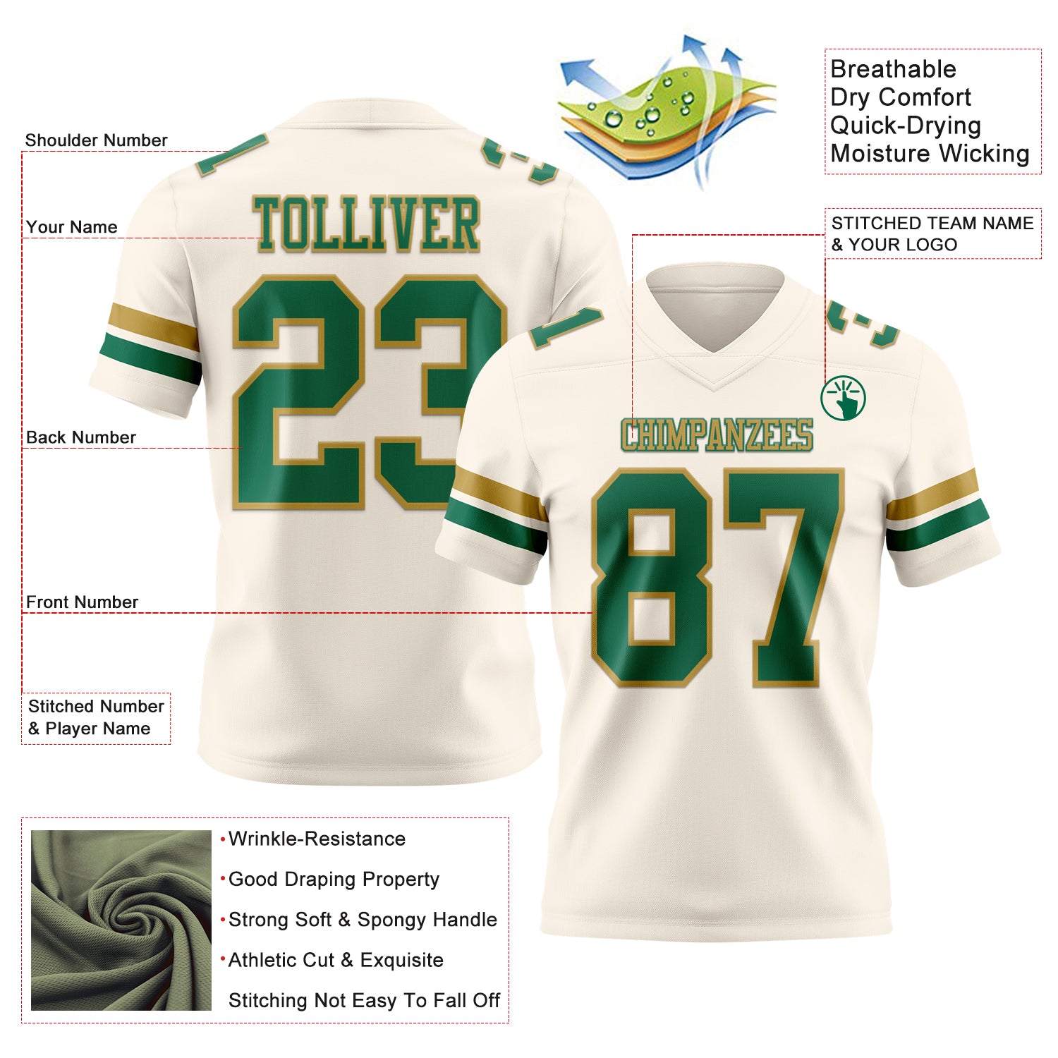 Custom Cream Kelly Green-Old Gold Authentic Football Jersey