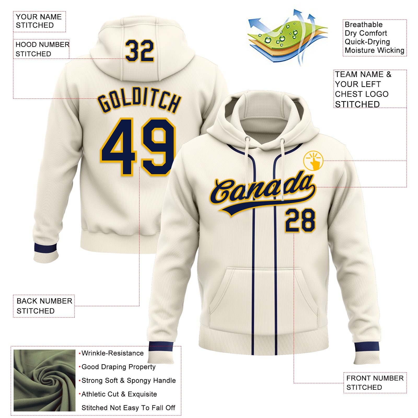 Custom Stitched Cream Navy-Gold Baseball Pullover Sweatshirt Hoodie