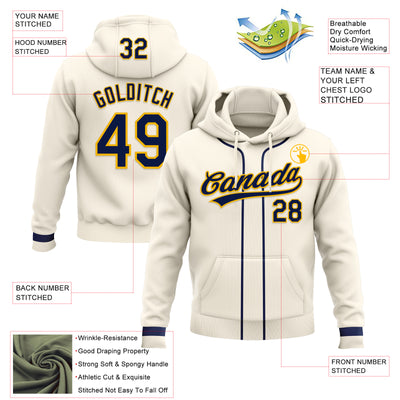 Custom Stitched Cream Navy-Gold Baseball Pullover Sweatshirt Hoodie