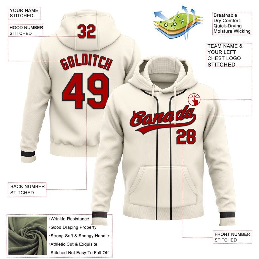 Custom Stitched Cream Red-Black Baseball Pullover Sweatshirt Hoodie