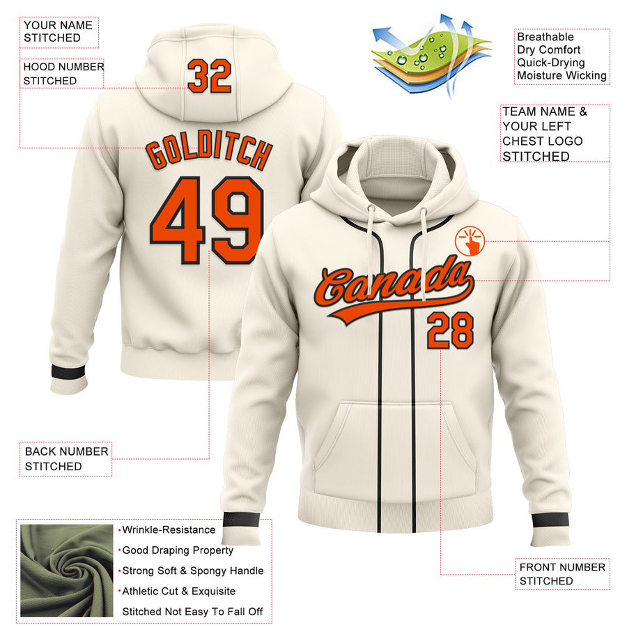 Custom Stitched Cream Orange-Black Baseball Pullover Sweatshirt Hoodie