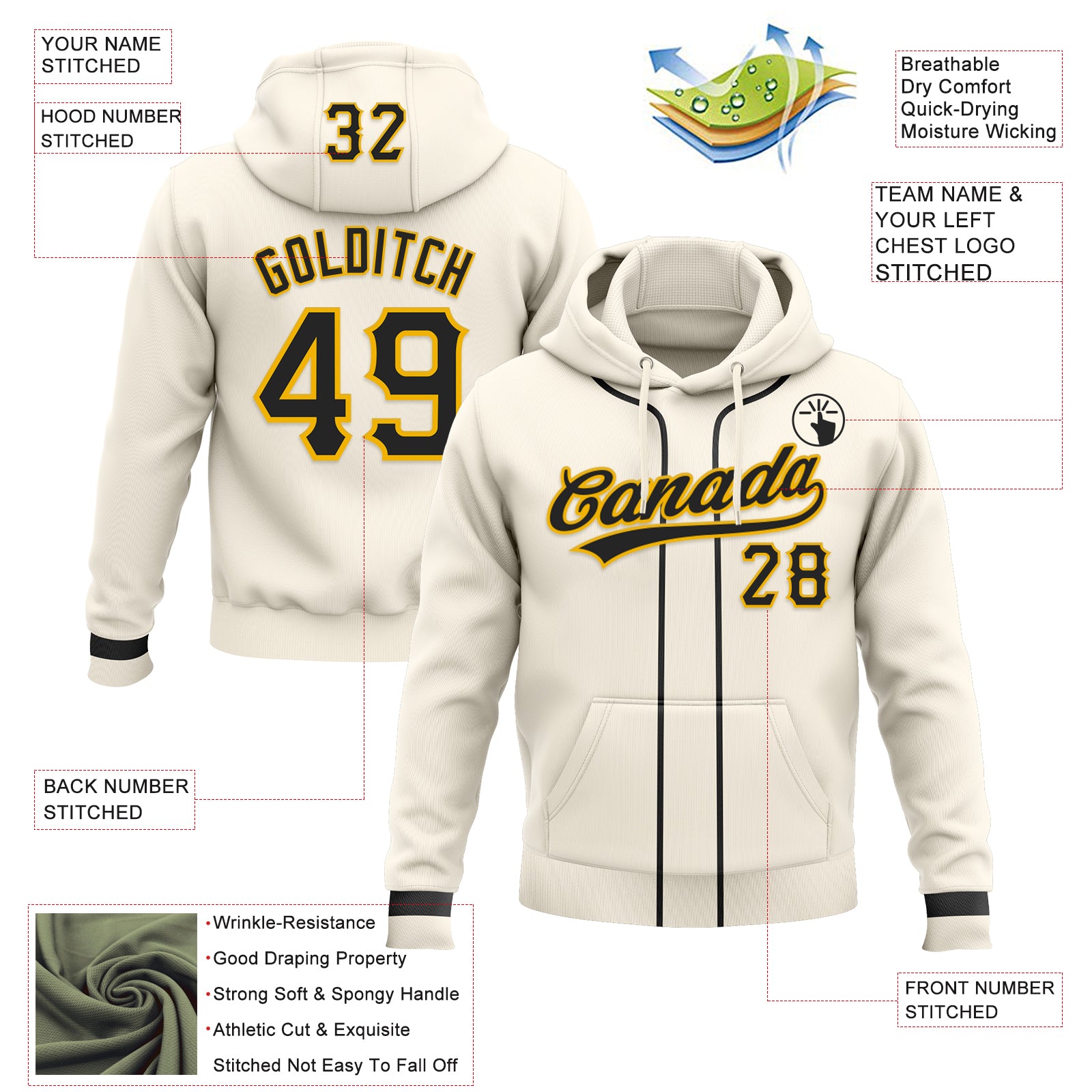 Custom Stitched Cream Black-Gold Baseball Pullover Sweatshirt Hoodie
