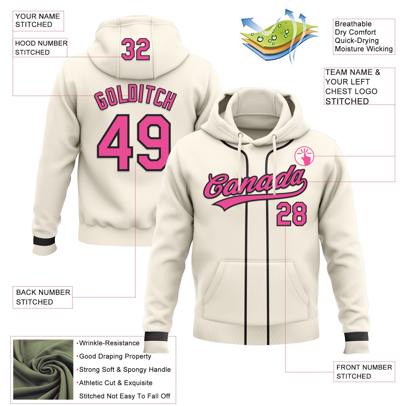 Custom Stitched Cream Pink-Black Baseball Pullover Sweatshirt Hoodie