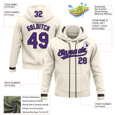Custom Stitched Cream Purple-Black Baseball Pullover Sweatshirt Hoodie