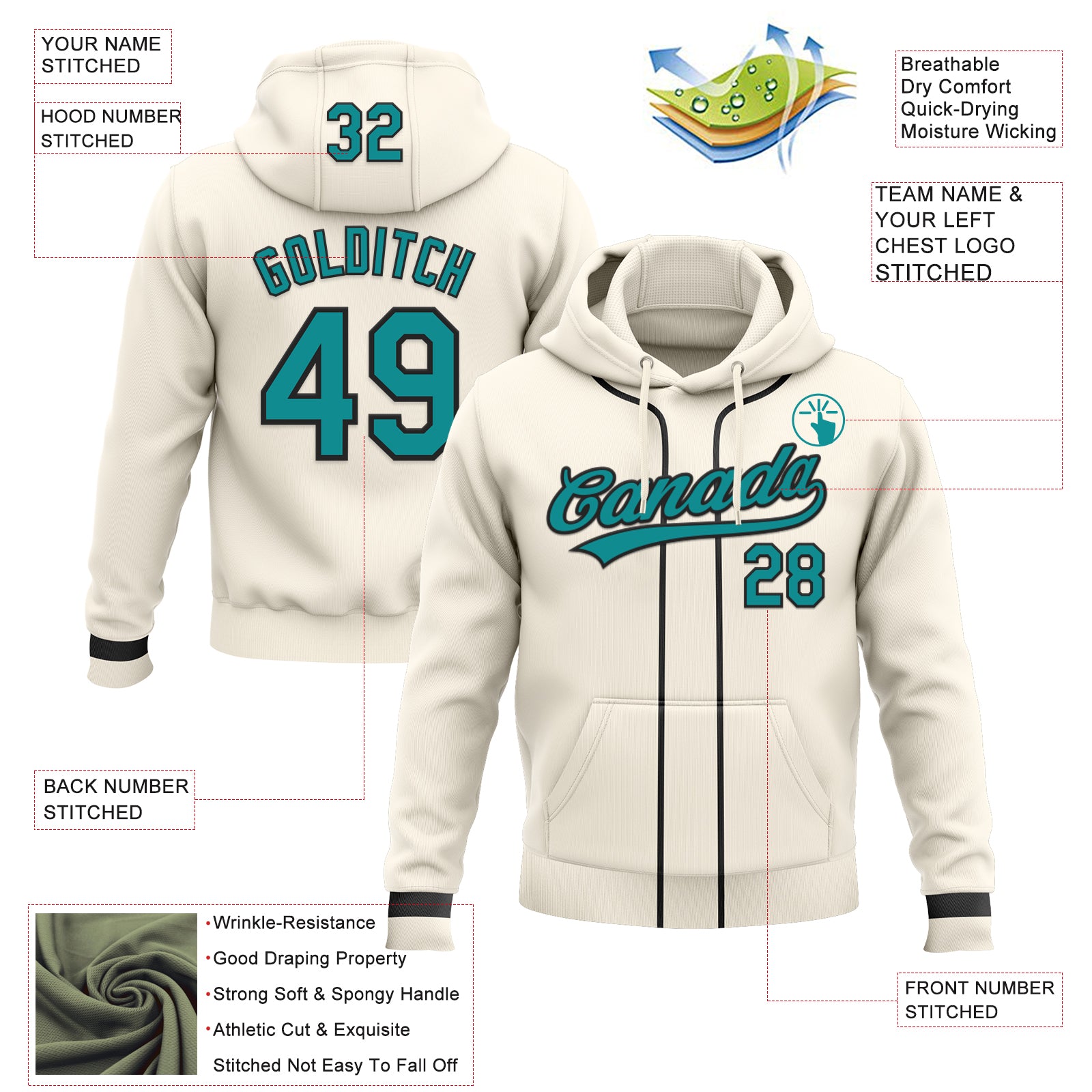 Custom Stitched Cream Teal-Black Baseball Pullover Sweatshirt Hoodie