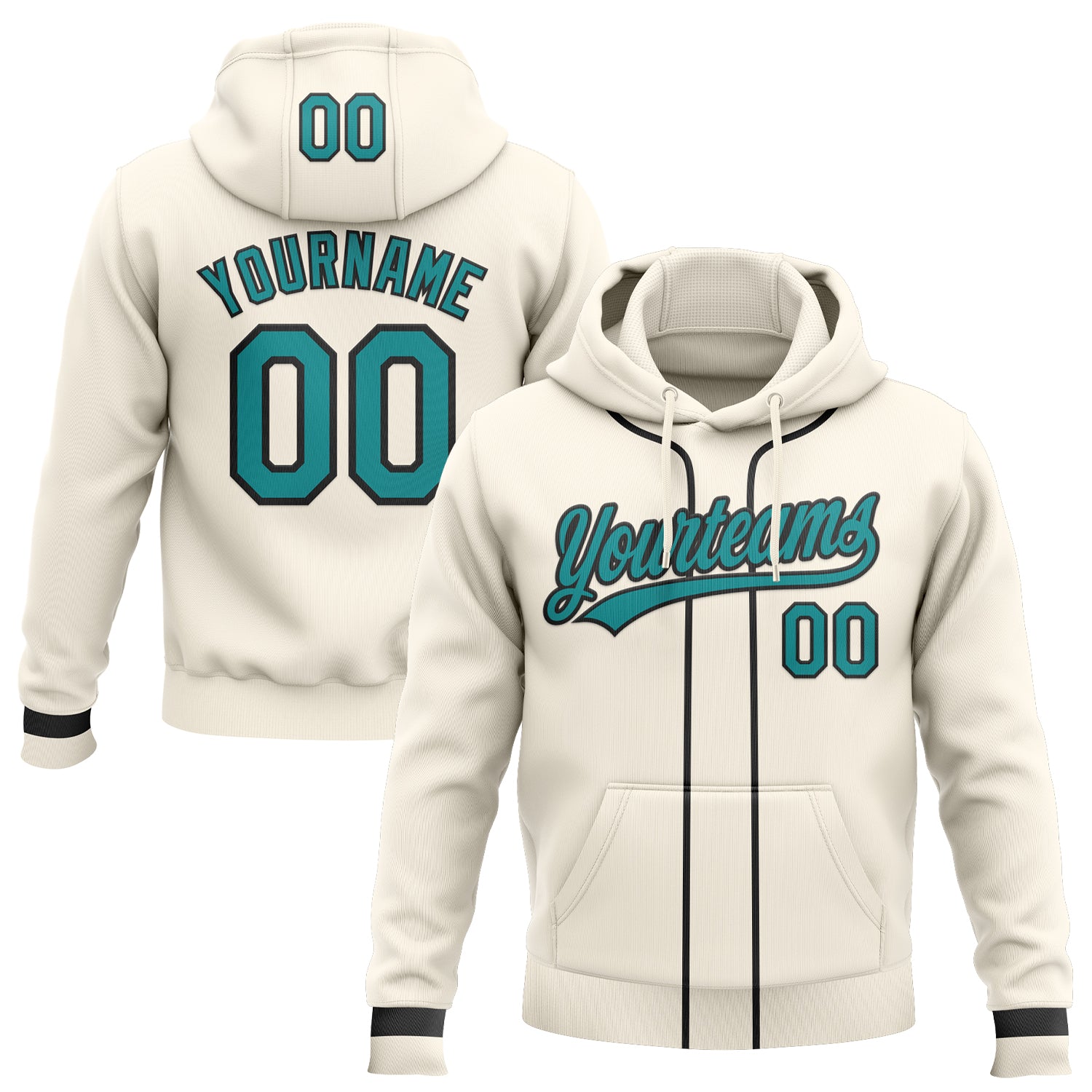Custom Stitched Cream Teal-Black Baseball Pullover Sweatshirt Hoodie