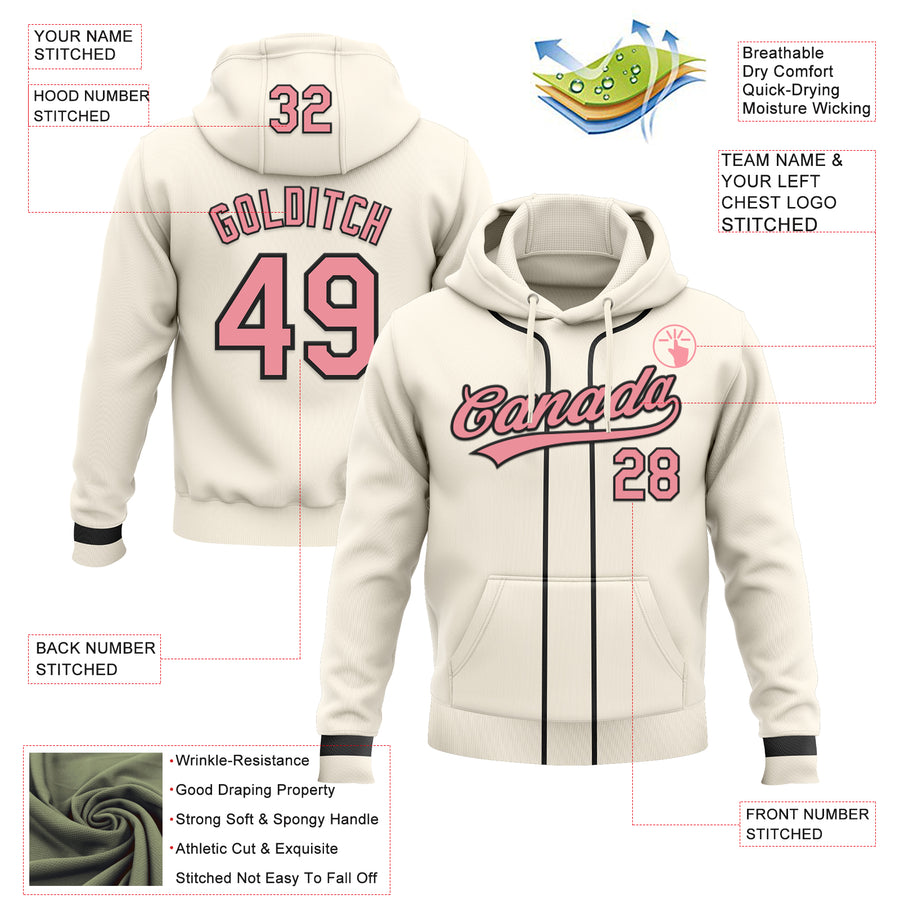 Custom Stitched Cream Medium Pink-Black Baseball Pullover Sweatshirt Hoodie