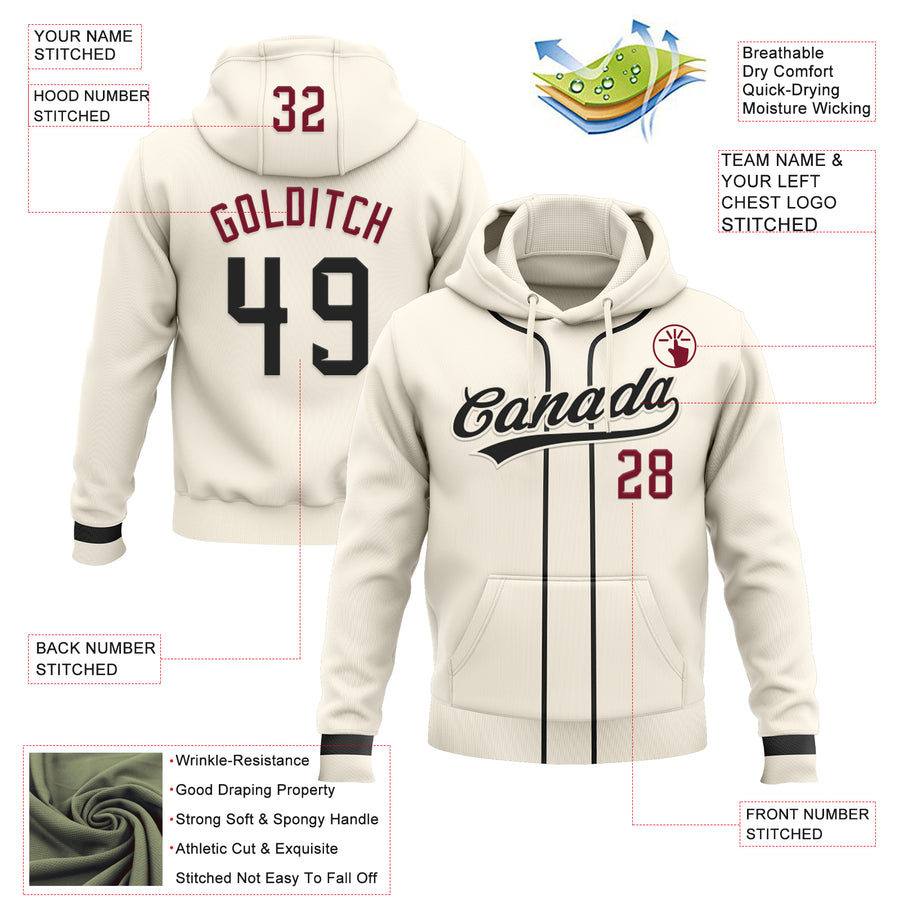 Custom Stitched Cream Black-Crimson Baseball Pullover Sweatshirt Hoodie
