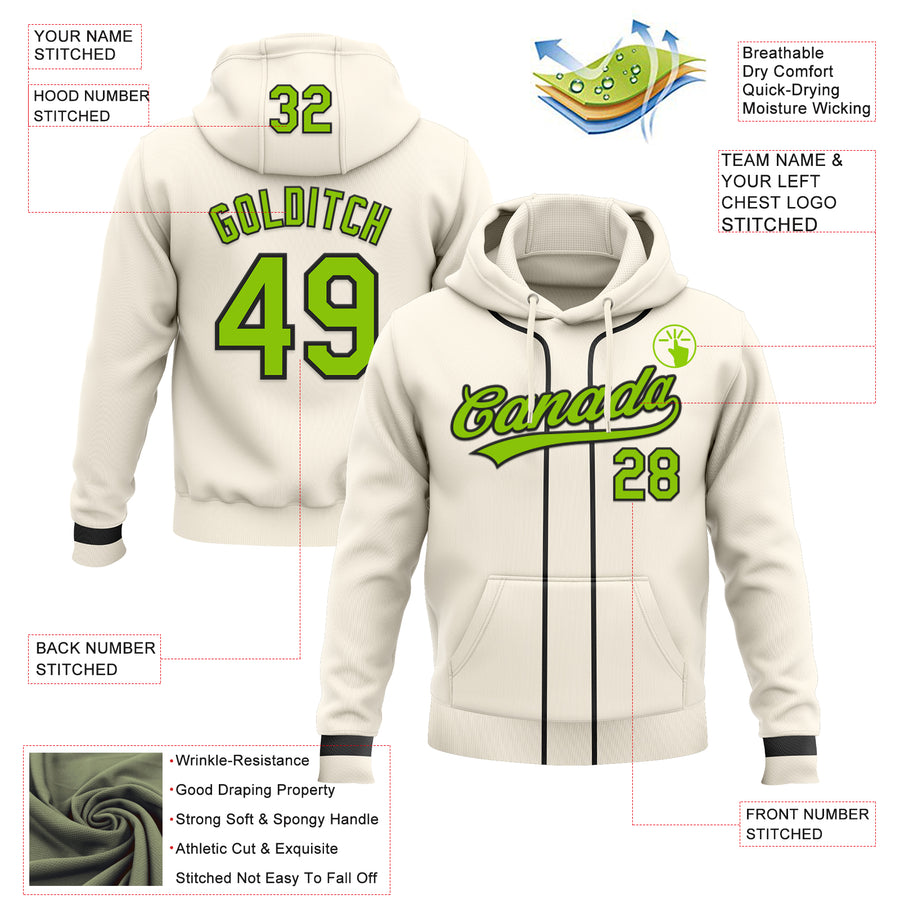Custom Stitched Cream Neon Green-Black Baseball Pullover Sweatshirt Hoodie