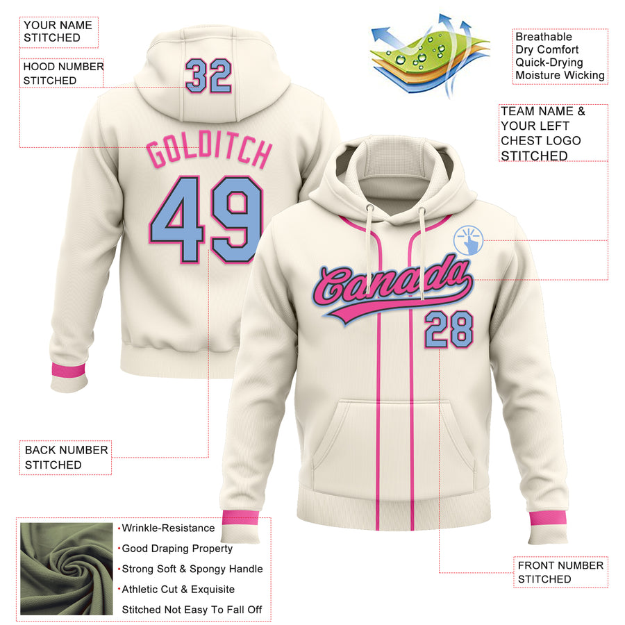 Custom Stitched Cream Light Blue Pink-Black Baseball Pullover Sweatshirt Hoodie