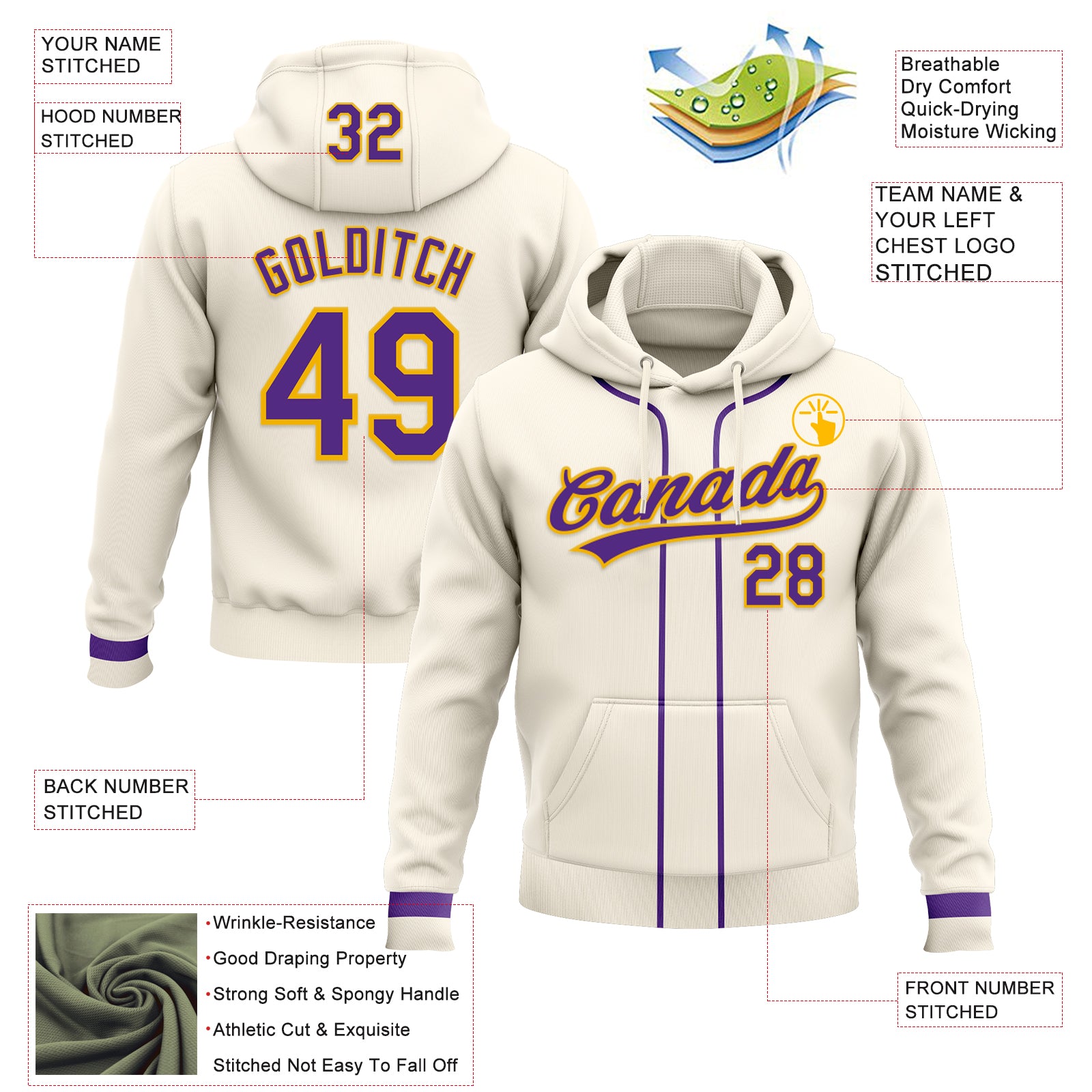 Custom Stitched Cream Purple-Gold Baseball Pullover Sweatshirt Hoodie