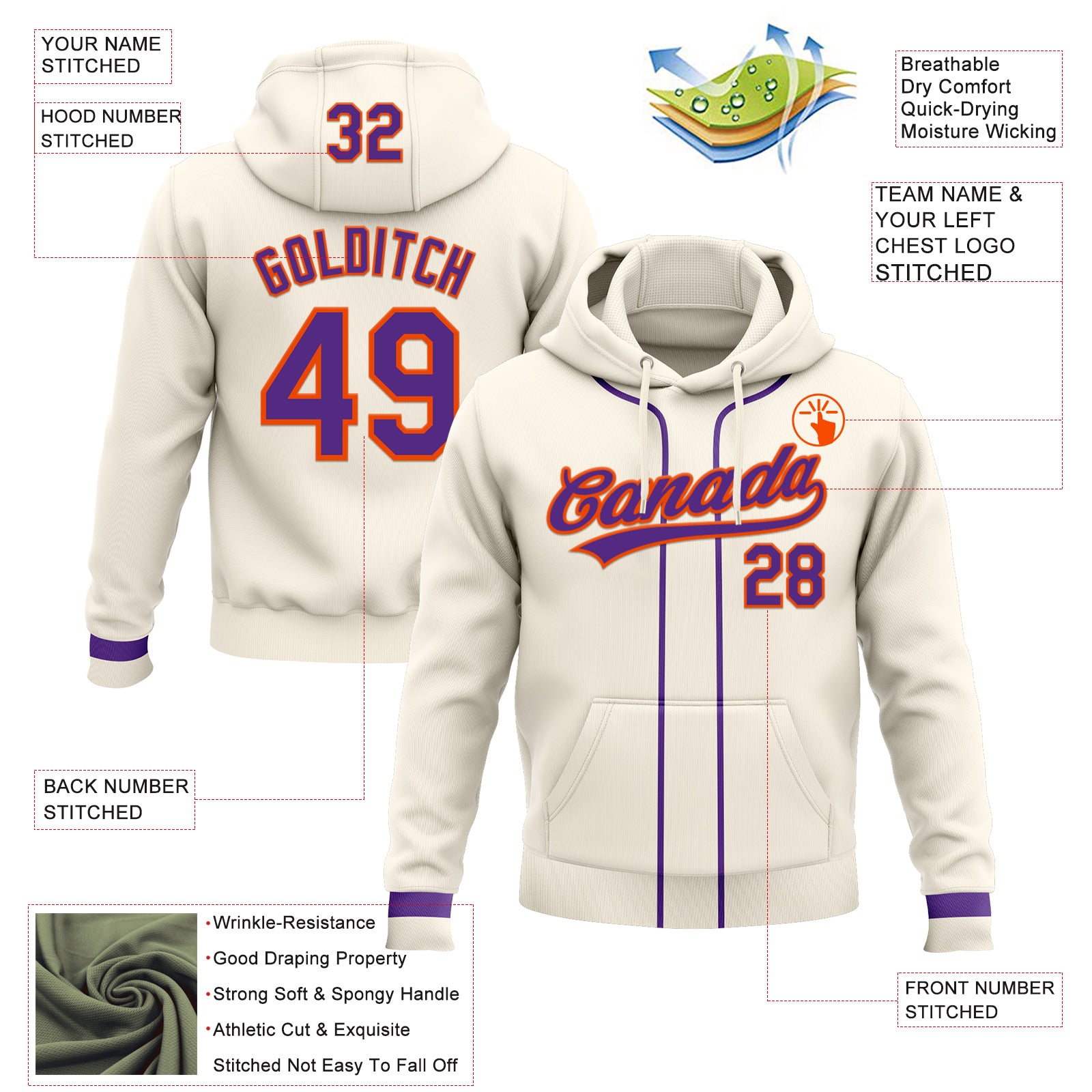 Custom Stitched Cream Purple-Orange Baseball Pullover Sweatshirt Hoodie