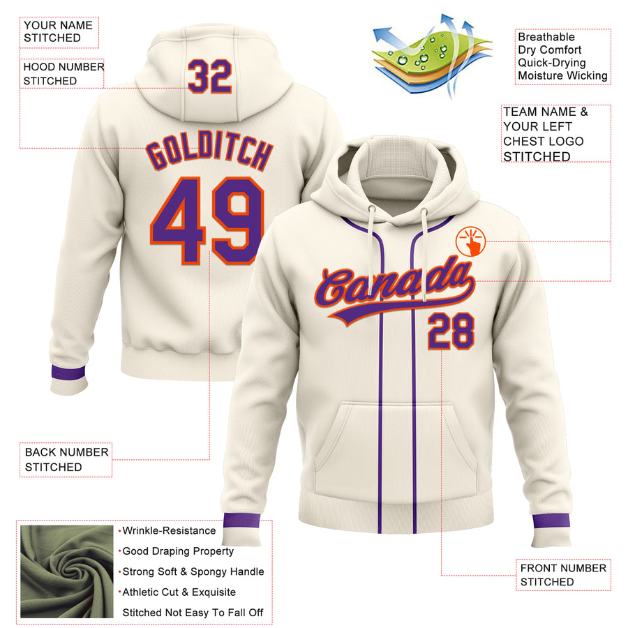 Custom Stitched Cream Purple-Orange Baseball Pullover Sweatshirt Hoodie