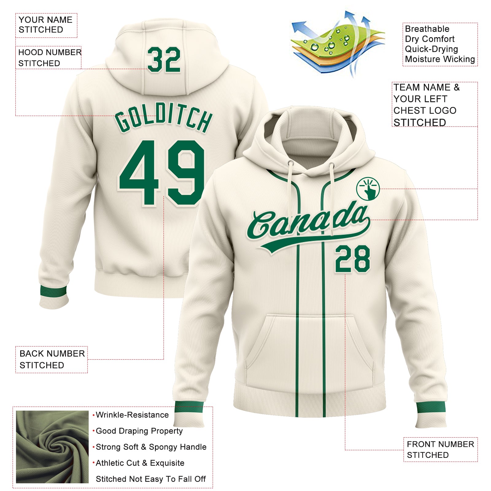 Custom Stitched Cream Kelly Green-Cream Baseball Pullover Sweatshirt Hoodie