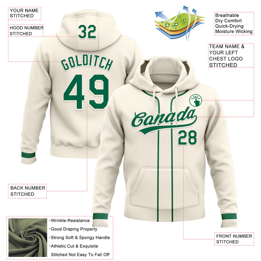 Custom Stitched Cream Kelly Green-Cream Baseball Pullover Sweatshirt Hoodie