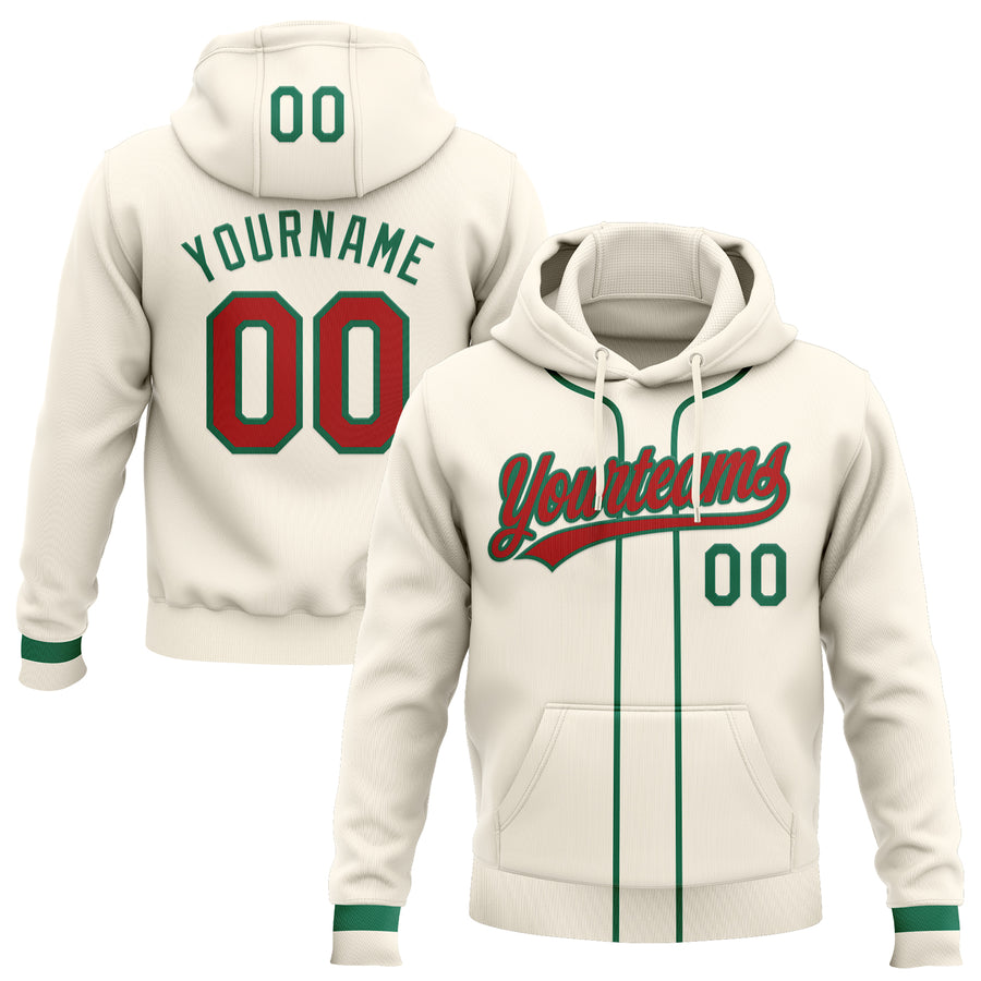 Custom Stitched Cream Red-Kelly Green Baseball Pullover Sweatshirt Hoodie