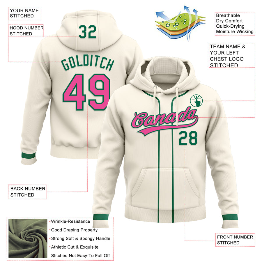 Custom Stitched Cream Pink-Kelly Green Baseball Pullover Sweatshirt Hoodie