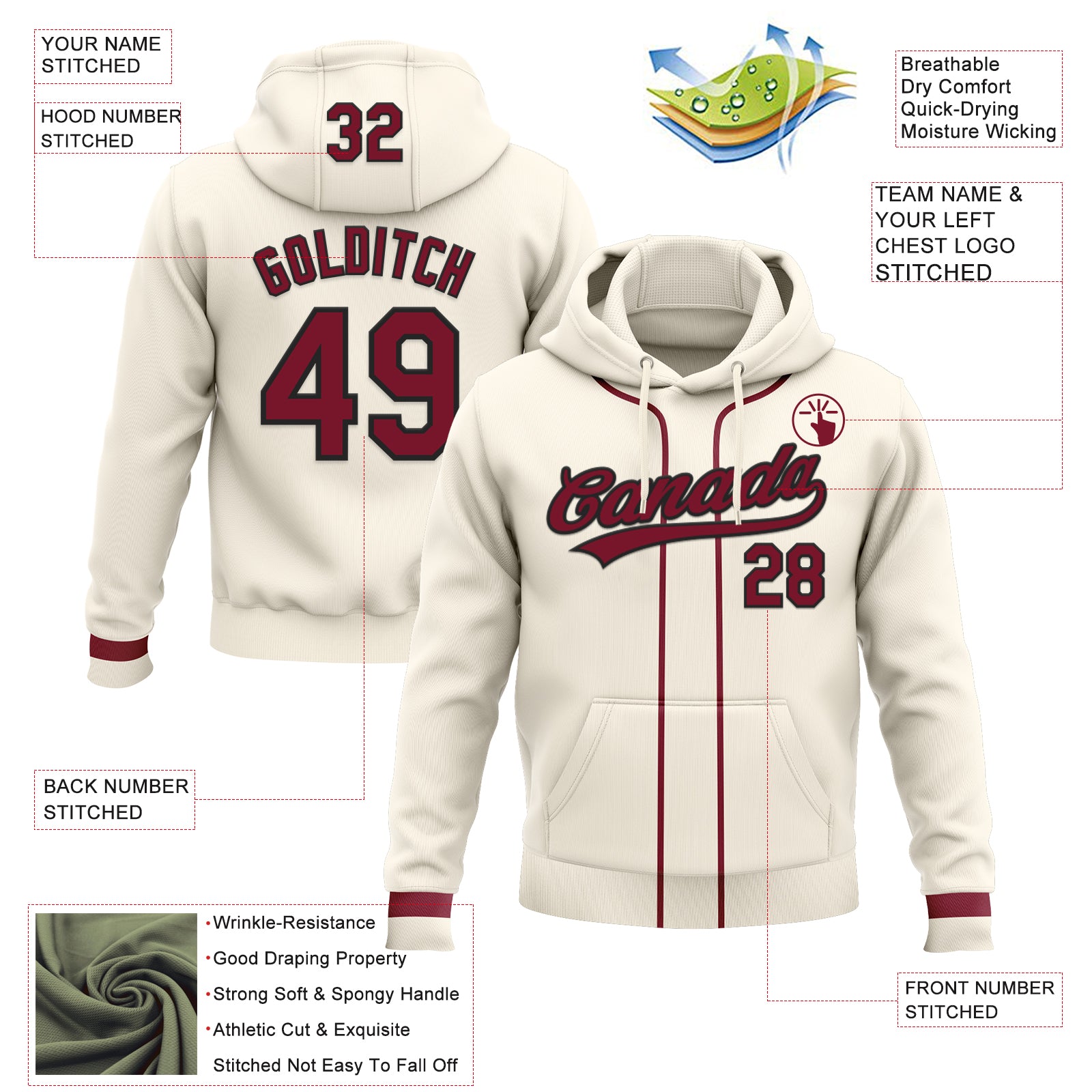 Custom Stitched Cream Crimson-Black Baseball Pullover Sweatshirt Hoodie