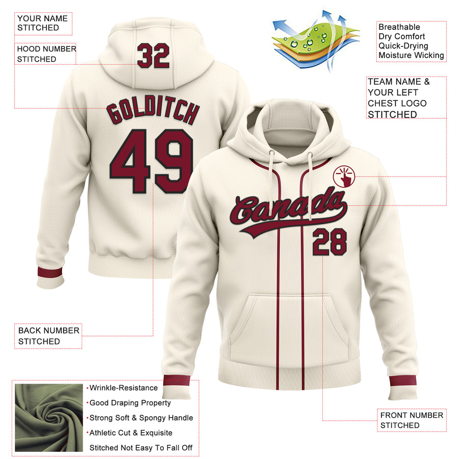 Custom Stitched Cream Crimson-Black Baseball Pullover Sweatshirt Hoodie
