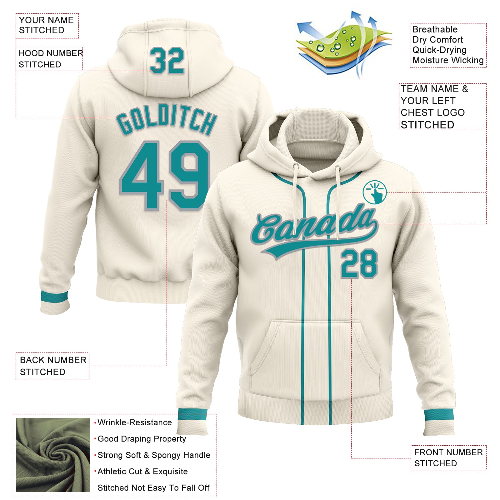 Custom Stitched Cream Teal-Gray Baseball Pullover Sweatshirt Hoodie