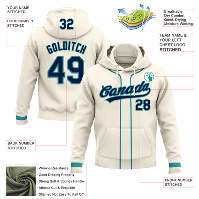 Custom Stitched Cream Navy-Teal Baseball Pullover Sweatshirt Hoodie