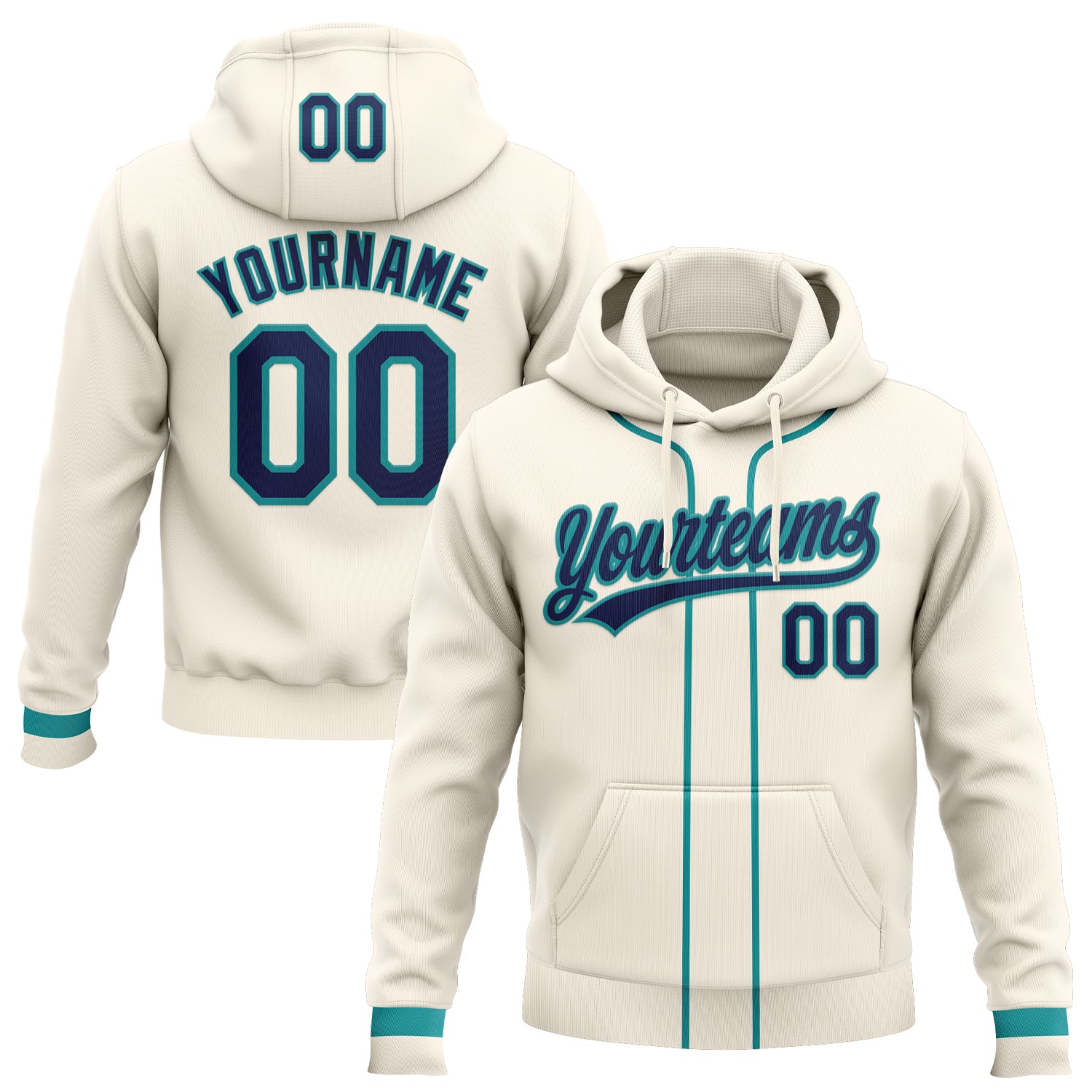 Custom Stitched Cream Navy-Teal Baseball Pullover Sweatshirt Hoodie