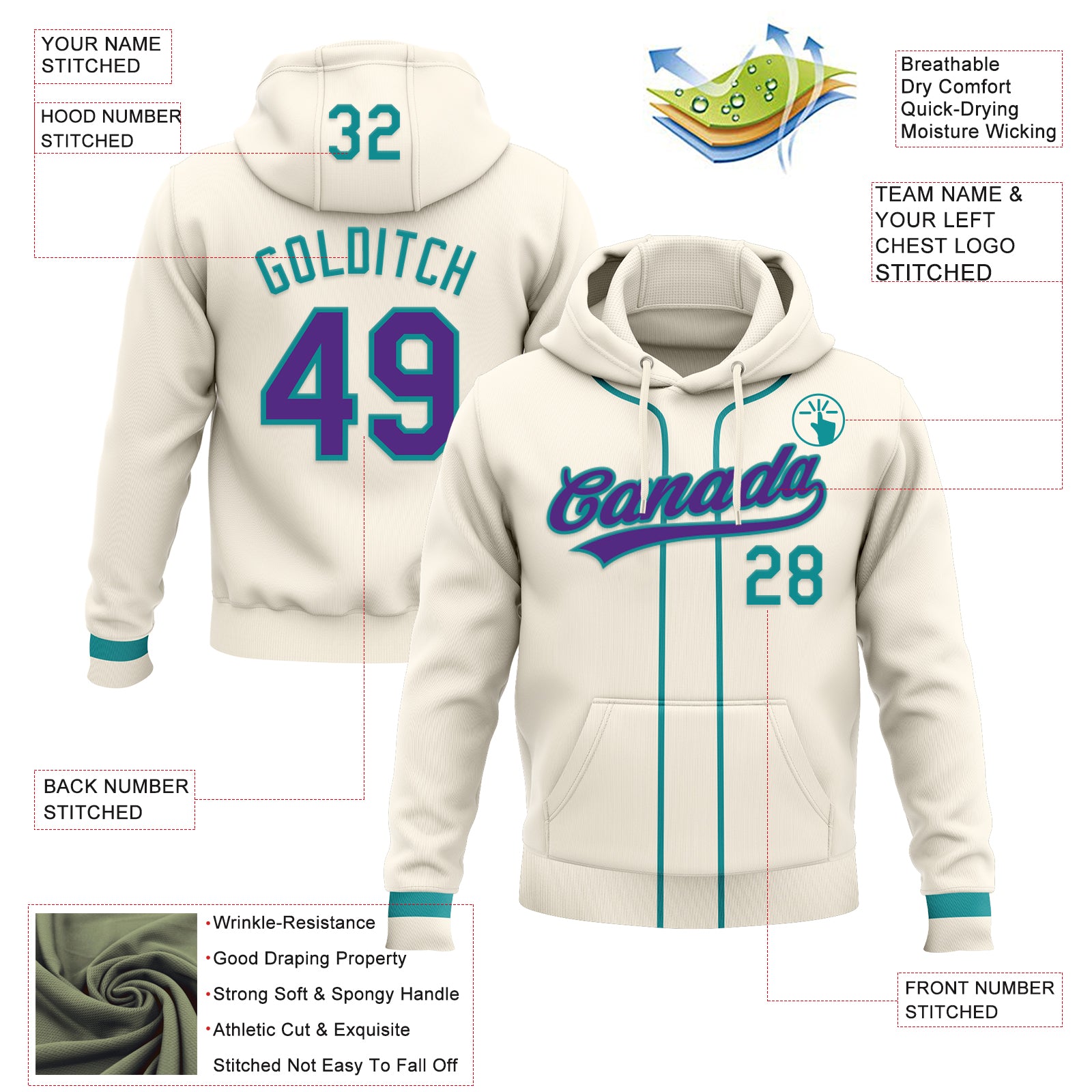 Custom Stitched Cream Purple-Teal Baseball Pullover Sweatshirt Hoodie