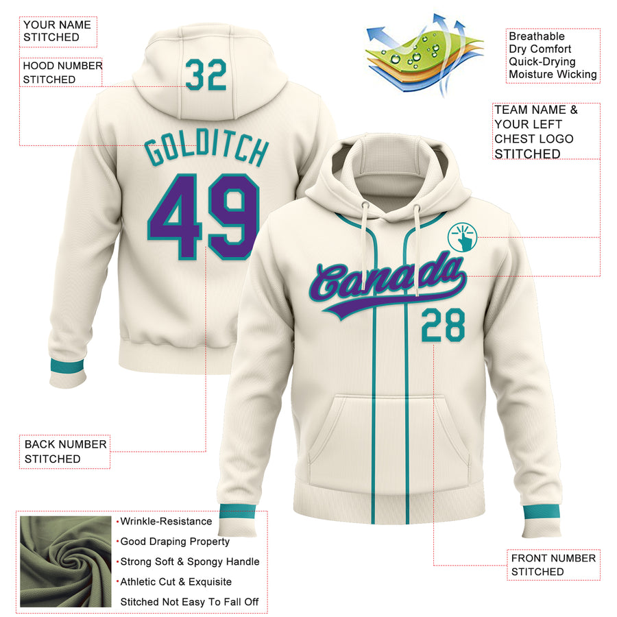 Custom Stitched Cream Purple-Teal Baseball Pullover Sweatshirt Hoodie