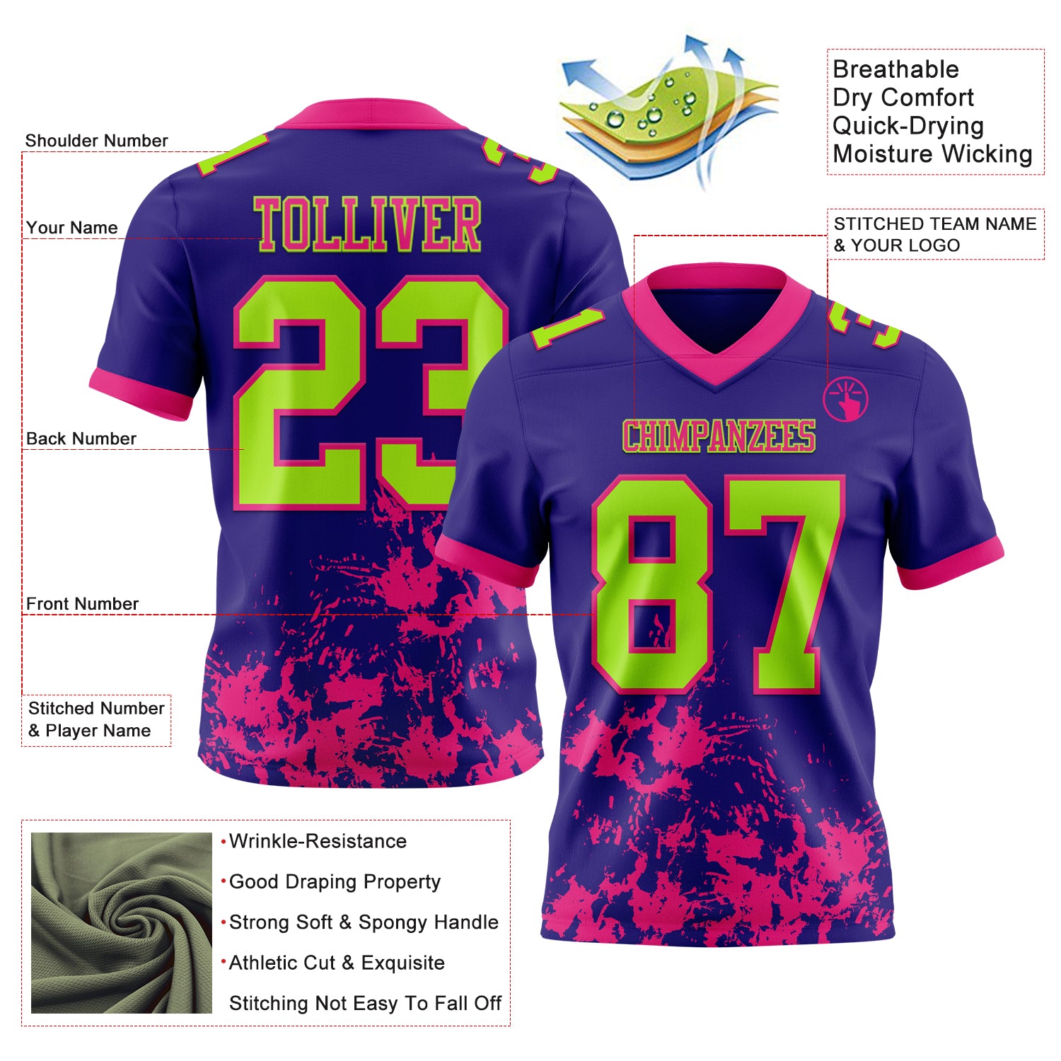 Custom Dark Purple Neon Green-Hot Pink 3D Pattern Splash Authentic Football Jersey