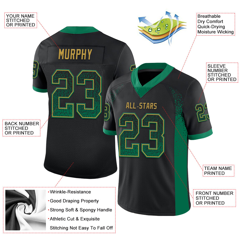 Custom Black Kelly Green-Old Gold Drift Fashion Football Jersey