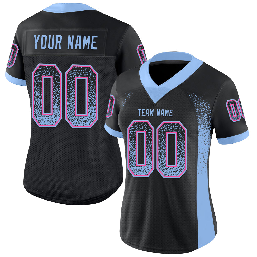 Custom Black Light Blue-Pink Drift Fashion Football Jersey
