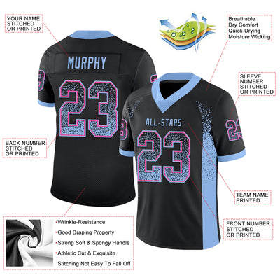 Custom Black Light Blue-Pink Drift Fashion Football Jersey