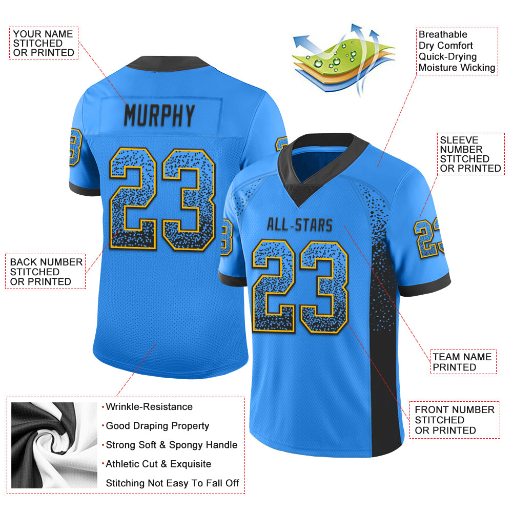 Custom Powder Blue Black-Gold Drift Fashion Football Jersey