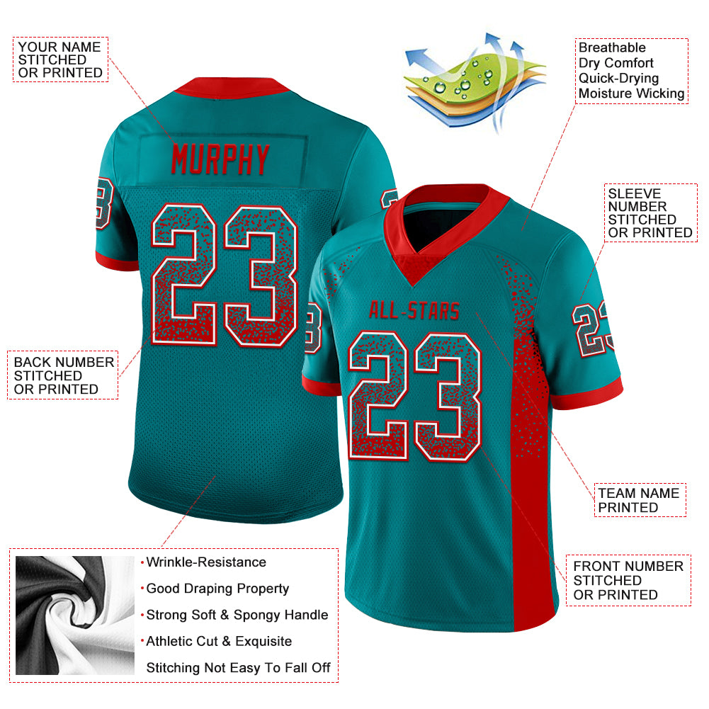 Custom Teal Red-White Drift Fashion Football Jersey