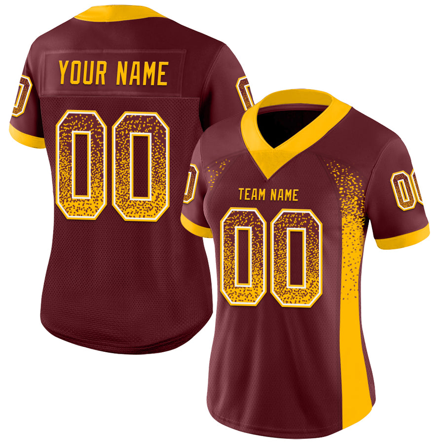 Custom Burgundy Gold-White Drift Fashion Football Jersey