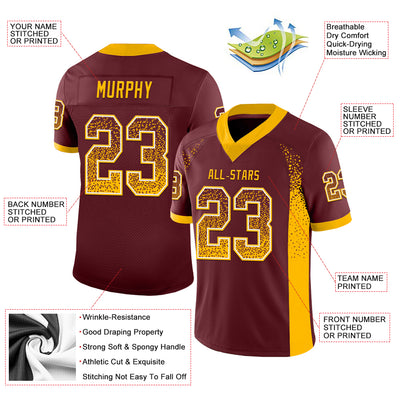Custom Burgundy Gold-White Drift Fashion Football Jersey