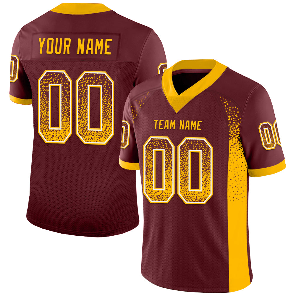 Custom Burgundy Gold-White Drift Fashion Football Jersey