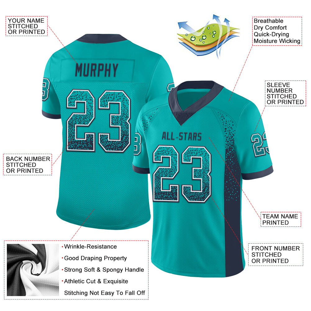 Custom Aqua Navy-White Drift Fashion Football Jersey