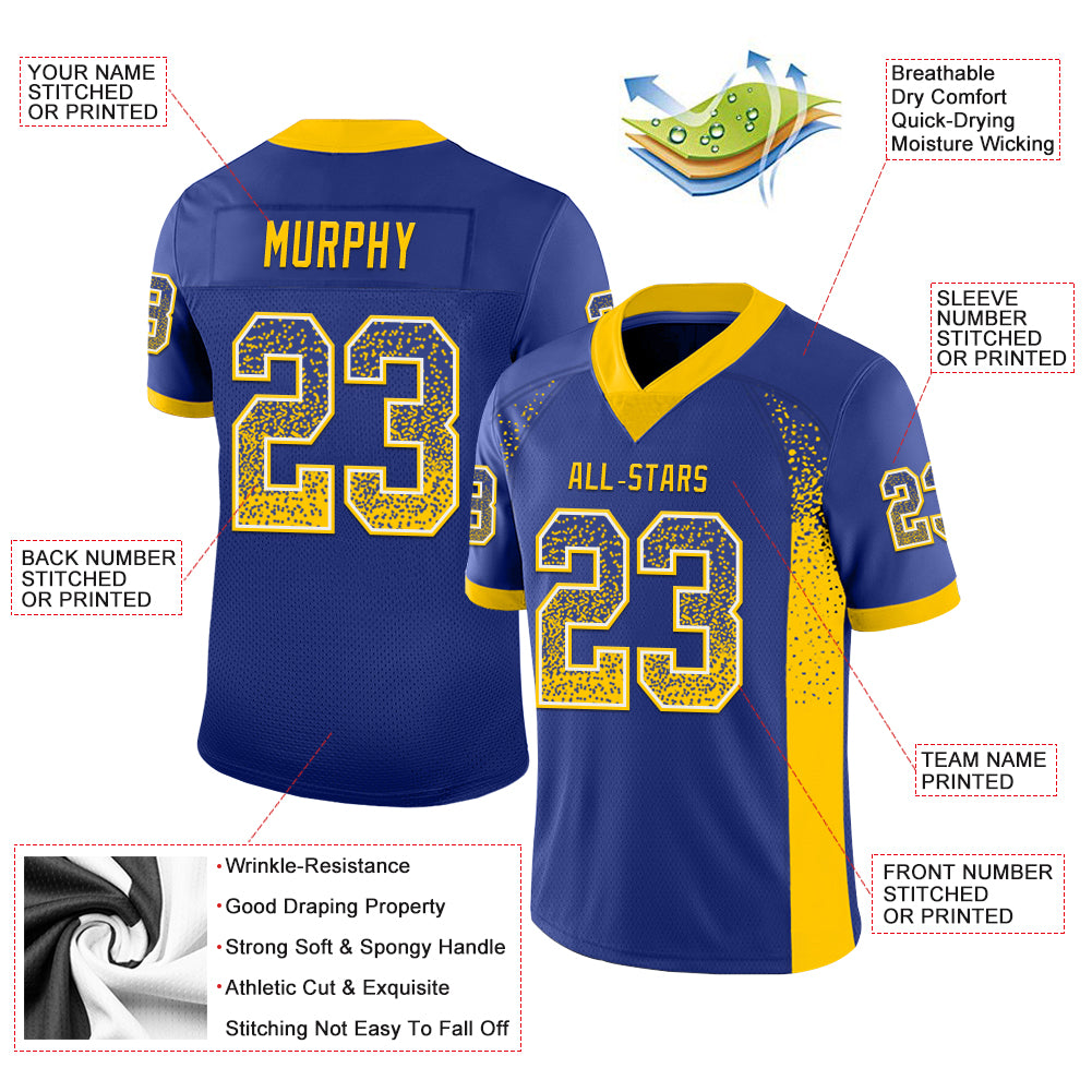 Custom Royal Yellow-White Drift Fashion Football Jersey