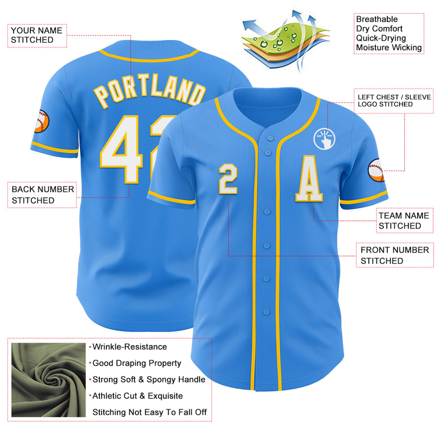 Custom Electric Blue White-Yellow Authentic Baseball Jersey