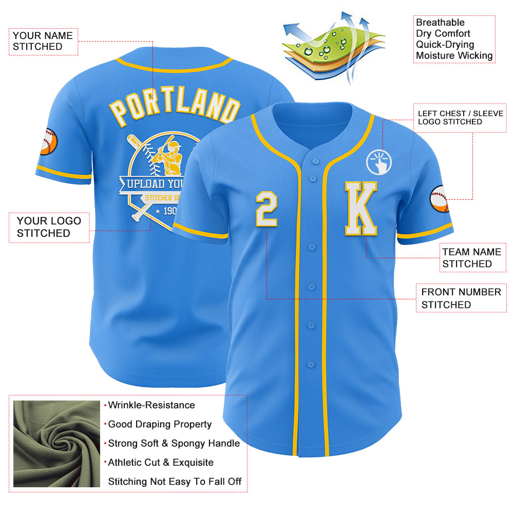 Custom Electric Blue White-Yellow Authentic Baseball Jersey