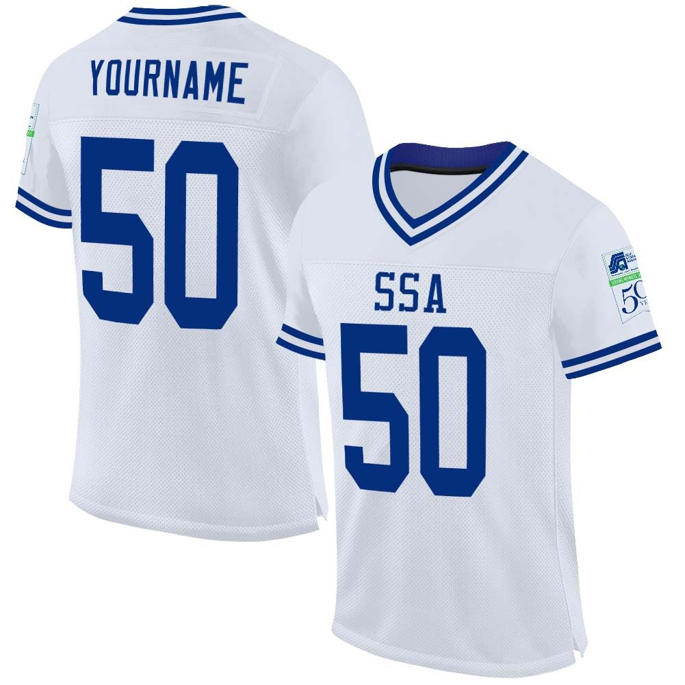 Custom White Royal Mesh Authentic Throwback Football SSA Jersey