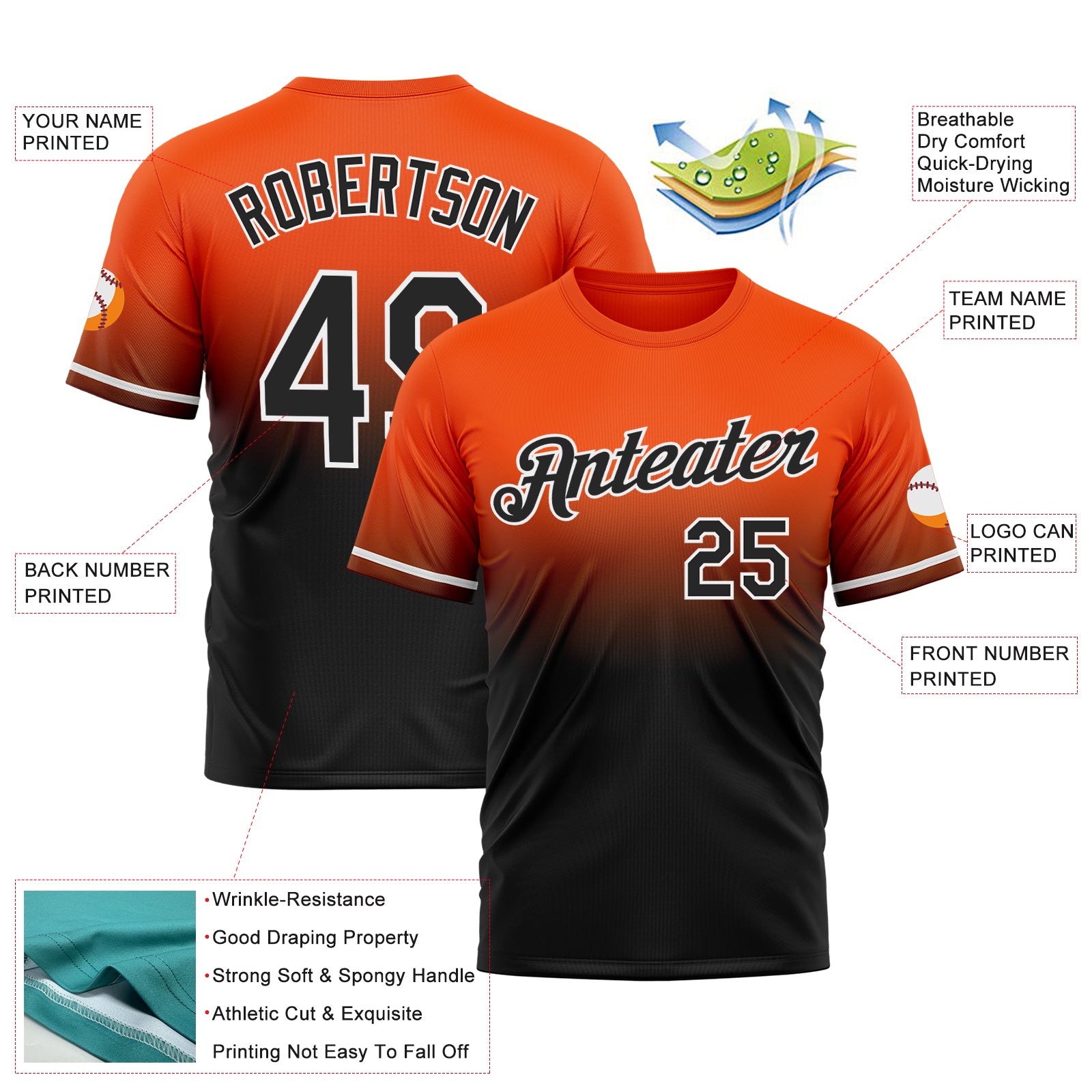 Custom Orange Black-White Fade Fashion Performance T-Shirt