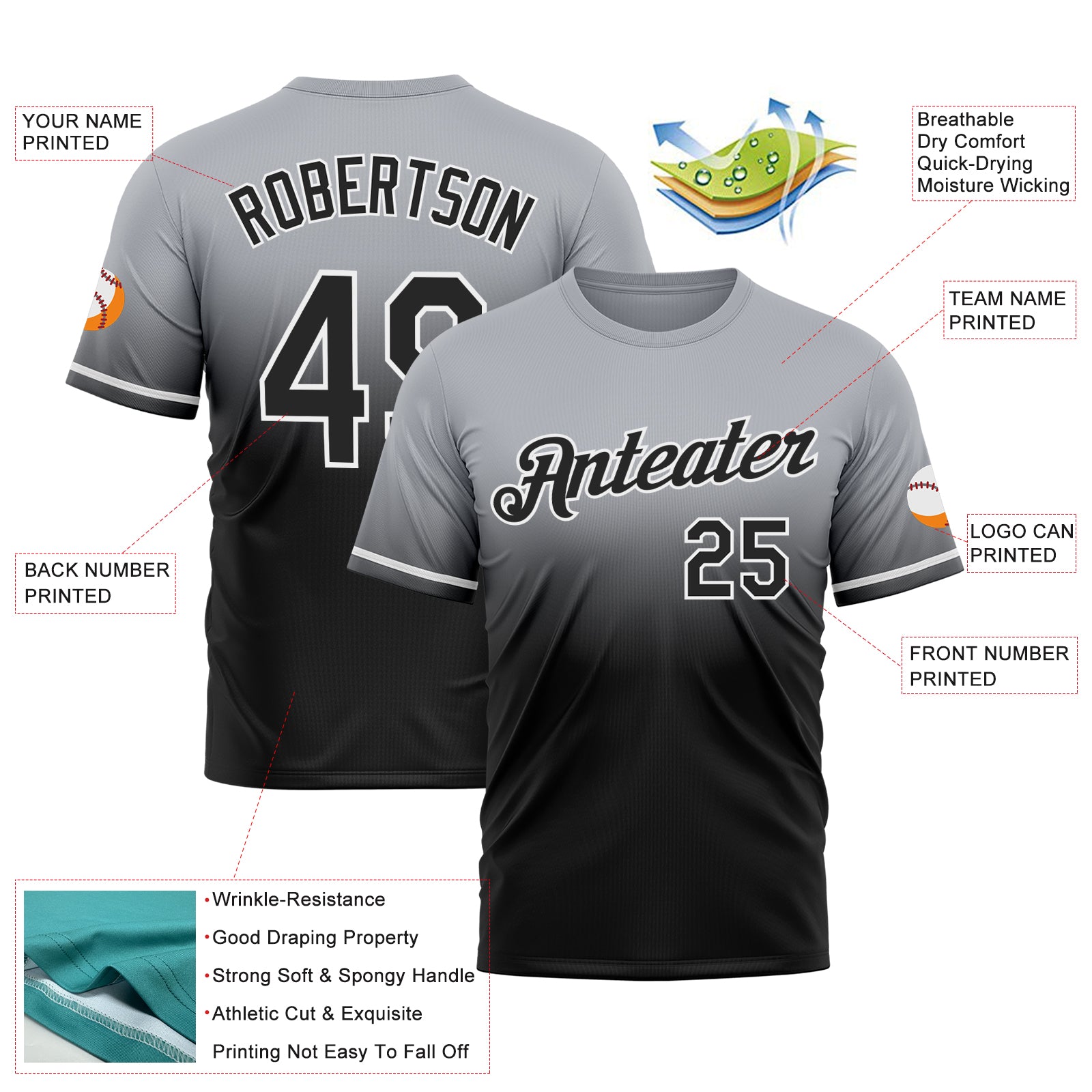 Custom Gray Black-White Fade Fashion Performance T-Shirt