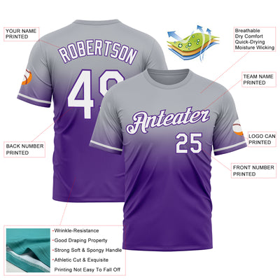 Custom Gray White-Purple Fade Fashion Performance T-Shirt