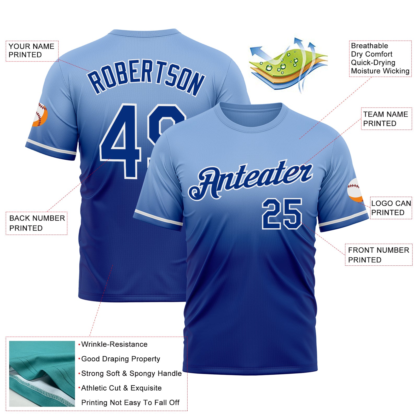 Custom Light Blue Royal-White Fade Fashion Performance T-Shirt