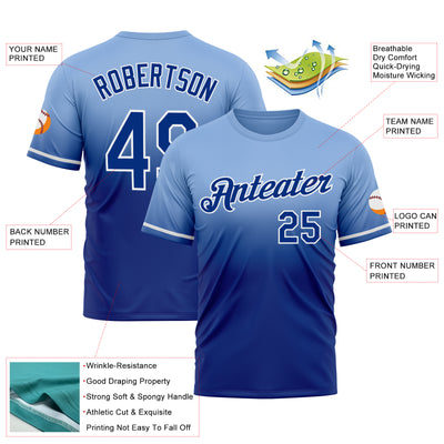 Custom Light Blue Royal-White Fade Fashion Performance T-Shirt