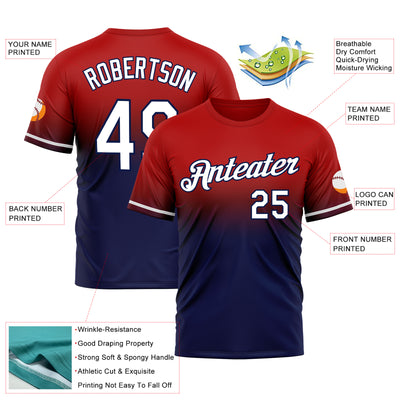 Custom Red White-Navy Fade Fashion Performance T-Shirt