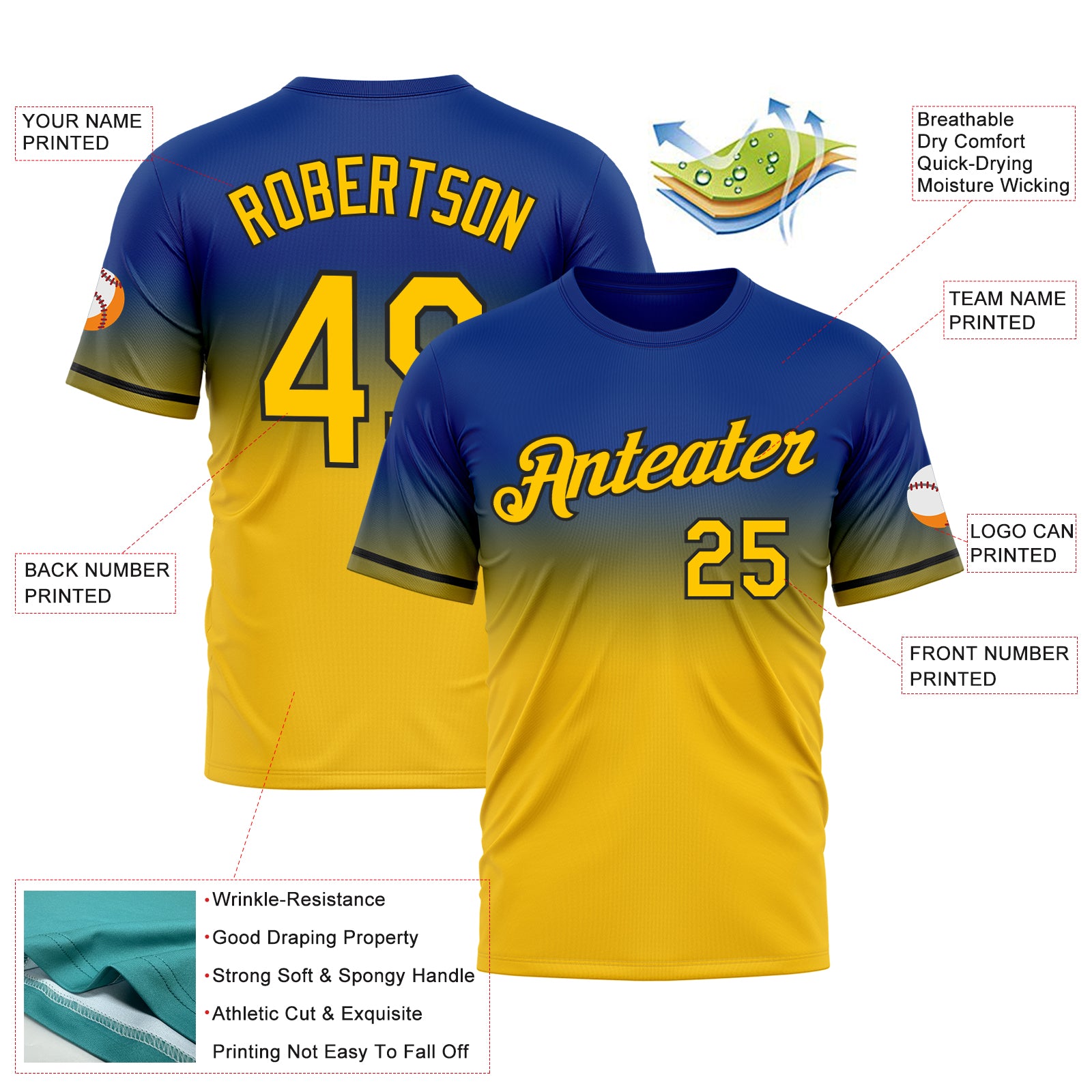 Custom Royal Yellow-Black Fade Fashion Performance T-Shirt